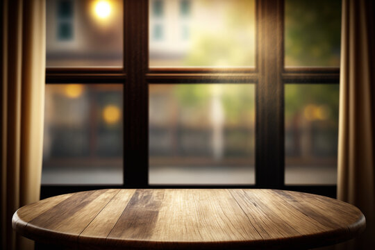 Empty of wood table top on blur of curtain window glass with sunlight background. Generative AI