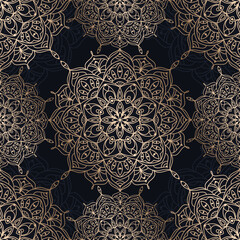 Abstract seamless pattern of gold luxury mandala with floral elements. Decorative vintage golden ornament. Ethnic mosaic oriental vector illustration for design wallpaper, wrapping paper, fabric