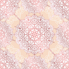 Abstract seamless pattern of luxury mandala with floral elements. Decorative vintage ornament on a pink background. Ethnic mosaic oriental vector illustration for wallpaper, wrapping paper, fabric