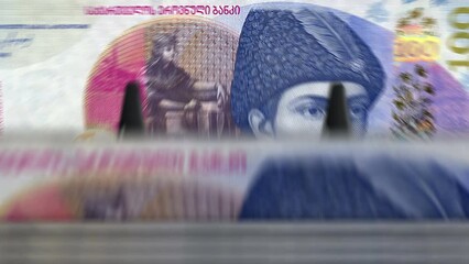 Georgia money Georgian Lari money counting machine with banknotes. Quick 100 GEL currency note down rotation. Business and economy. Concept loopable and seamless background.