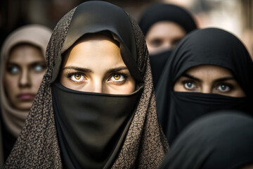 Naklejka premium Crowd of young women in traditional Muslim hijab portrait close-up with their faces covered on a city street among a crowd of people protesting on the street, black hijab shawl. Generative AI