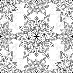 Abstract seamless pattern of mandala with floral elements. Decorative vintage black ornament on white background. Ethnic mosaic oriental vector illustration for wallpaper, wrapping paper, fabric