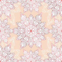 Abstract seamless pattern of luxury mandala with floral elements. Decorative vintage ornament on a pink background. Ethnic mosaic oriental vector illustration for wallpaper, wrapping paper, fabric
