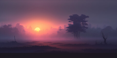 Fototapeta na wymiar Early morning Fog. Twilight Golden Hour Landscape. Foggy. Trees. Generative AI.