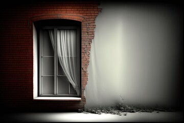 a wall with red bricks and a window right next to an empty white wall where there is space for your text. Generative ai