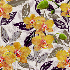 Seamless tropical floral pattern. Yellow-orange orchids on a light background. - 569624845