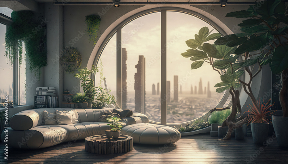 Wall mural Zoom background: a futuristic penthouse living room with large round window, Generative AI