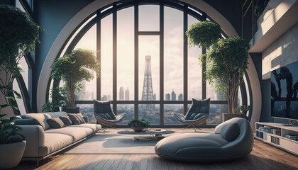 Obraz na płótnie Canvas Zoom background: a futuristic penthouse living room with large round window, Generative AI