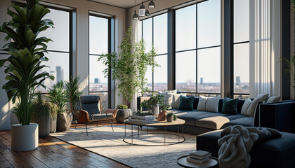Zoom background: a modern penthouse living room with large windows, Generative AI - obrazy, fototapety, plakaty