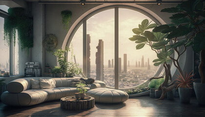 Zoom background: a futuristic penthouse living room with large round window, Generative AI - obrazy, fototapety, plakaty