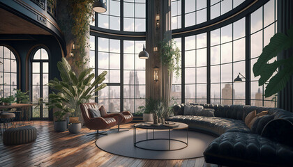 Zoom background: a luxury penthouse living room with large window, Generative AI