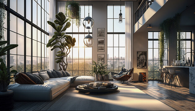 Zoom background: a modern high penthouse living room with large windows, Generative AI
