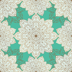 Abstract seamless pattern of luxury mandala with floral elements. Decorative vintage ornament on turquoise background. Ethnic mosaic oriental vector illustration for wallpaper, wrapping paper, fabric
