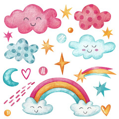A set with cute clouds, rainbows and stars. Watercolor illustration. Child. Print on postcards and wallpapers. Handmade work. Decorations. Art. Design. Sky. Dreams. Bright. Magical. Night. Fantasy.