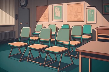 portrait of some empty chairs in the school room. Generative AI