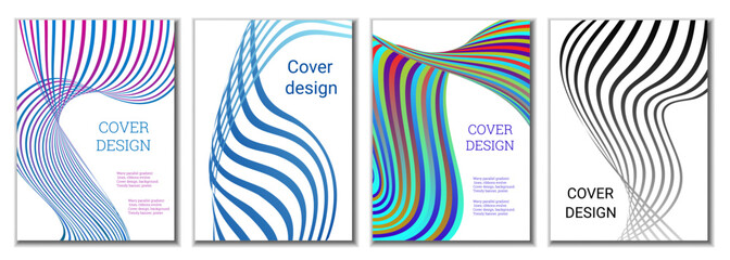 A set of 4 abstract covers. Wavy parallel gradient lines, ribbons evolve. Cover design, background. Trendy banner, poster.