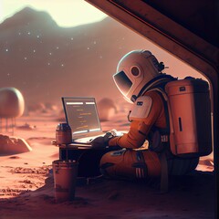 A portrait of an astronaut in a spacesuit working on a laptop. A high-tech astronaut from the future. The concept of space travel. Generative AI Art