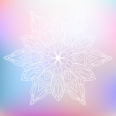 Hand drawn white ornament mandala with floral elements on pastel multi color gradient background. Beautiful vintage colorful doodle ornament. Ethnic mosaic oriental vector outline sketch illustration