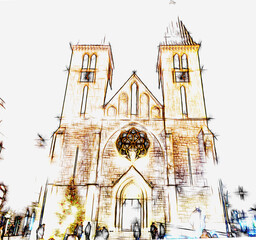 Sarajewo noca katedra katolicka w centrum miasta AI - obrazy, fototapety, plakaty
