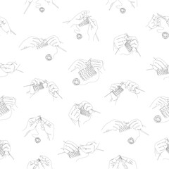 Collection. Human hands knit knitting needles and threads. Seamless pattern in modern style in one line. Solid line, sketches, posters, murals, stickers, logo. vector illustrations.
