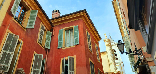 View of buildings and architecture, walls and windows  architecture in Nice in the south of France. Old city Cote d'Azur, France on the French Riviera.