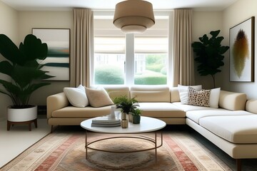 A room with cream walls that are accented with beige, and white furniture and decor. there are small pops of color in the form of colorful throw pillows, art, and plants. a vintage rug in shades of be