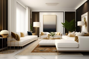 Fototapeta na wymiar A room with cream walls that are accented with beige, and white furniture and decor. there are small pops of color in the form of colorful throw pillows, art, and plants. a vintage rug in shades of be
