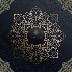 Hand drawn gold luxury ornament mandala with floral elements. Decorative golden gradient pattern. Beautiful vintage ornament. Ethnic mosaic oriental vector sketch illustration on dark blue background