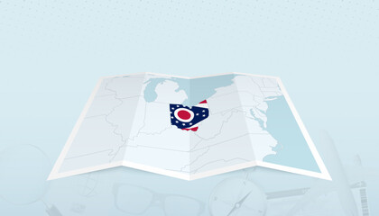 Map of Ohio with the flag of Ohio in the contour of the map on a trip abstract backdrop.