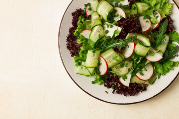 Vegetable salad, radishes and cucumbers, radish micro-greens, lettuce leaves, green onions, homemade, no people,