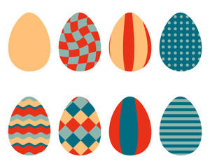 Retro style abstract Easter eggs сlipart collection. Perfect for stickers, cards, print. Isolated vector illustration for decor and design.