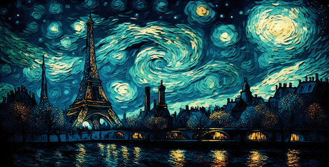 starry night with background as paris. Generative AI