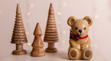 Xmas trees and bear. Modern sustainable christmas decoration, minimalist and plastic free