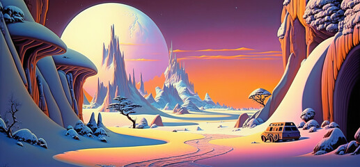 Snowscape Concept Art. Landscape. Horizon. Illustration. Games. Generative AI.