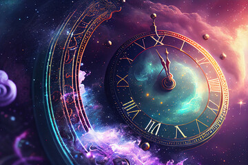 Clock In Cosmos Universe, AI Generative - obrazy, fototapety, plakaty