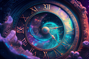 Clock In Cosmos Universe, AI Generative - obrazy, fototapety, plakaty