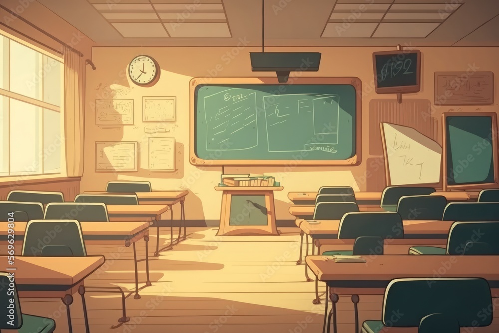 Poster lecture room or examination room.school empty classroom with desks and chair for studying lessons an
