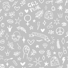 Vector seamless pattern with hand drawn elements on feminism theme: faces, raised fist, slogans, symbols, lips, hearts, branches and stars.