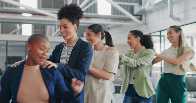 Dance, comic and business people in team building, fun exercise and break from corporate work. Motivation, teamwork and women dancing after working, happy about weekend and success in the workplace
