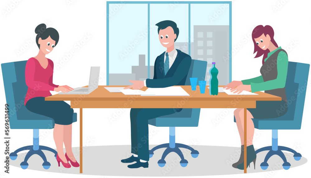Aufkleber teamwork concept with business people solving tasks together, sitting at table with laptop. boss tal