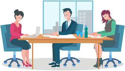 Teamwork concept with business people solving tasks together, sitting at table with laptop. Boss talking to subordinate in office. Collaboration employees talking discussing plan working with computer