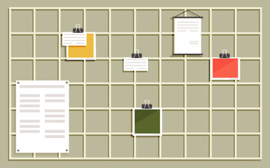 Memo grid board, wall organization with blank paper sheets for messages and notes pinned with clips. Modern office decor, workplace organizer, text notes reminders message important announcement