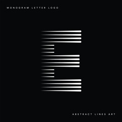 Obraz premium Letter E logo, modern abstract with white linear halftone lines and speed motion effect on black background