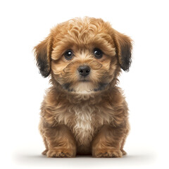 cute maltipu dog, looking directly to the camera, white background