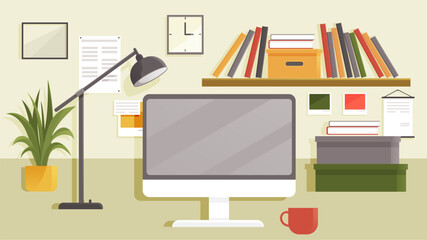 Modern office or home workplace design. Interior with desk, plants, computer, PC, documents, books. Home office and working from home. Interior for freelancer. Empty workspace with desk and monitor