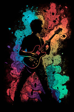 Rock festival or concert design template with guitar. Could be used for flyer, leaflet, brochure, advertising, poster, banner. Generative AI © zakiroff