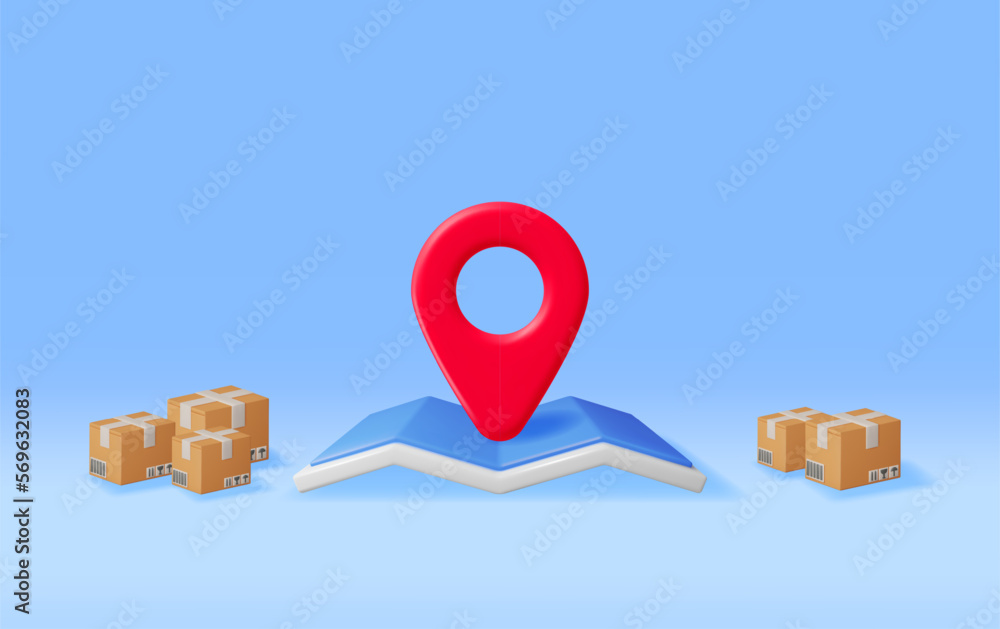 Aufkleber 3d carton packaging box with map and location pin. render map and cardboard package with cover. cart