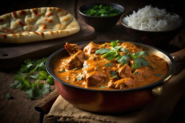 Indian curry dinner, butter chicken with naan bread and basmati rice