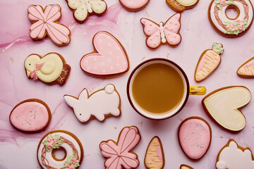 Aesthetics Easter background - pastel cookies and coffee. Spring card with baked glazed symbols of Easter on pink background.