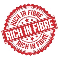 RICH IN FIBRE text on red round stamp sign
